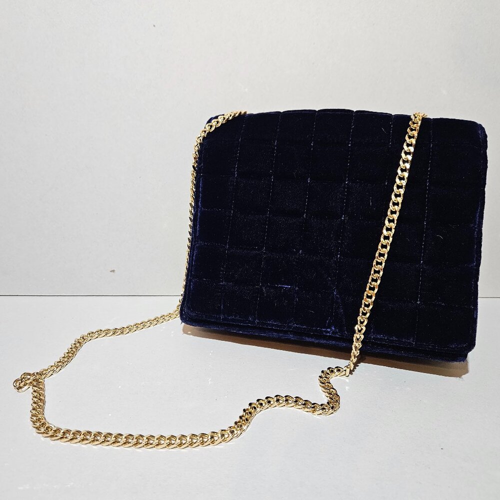 French Connection Navy Velvet Quilted Crossbody Bag Gold Chain Evening